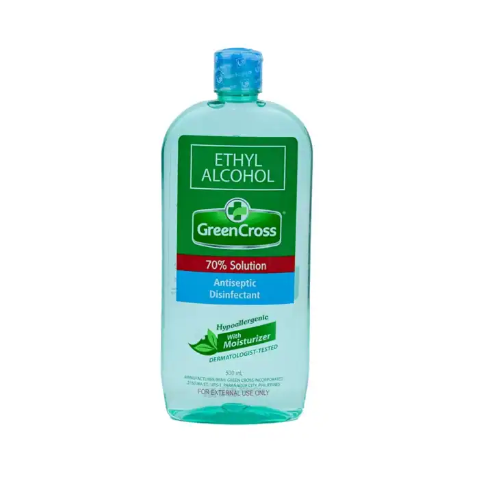 Ethyl alcohol disinfectant bottle with moisturizer for hand hygiene.