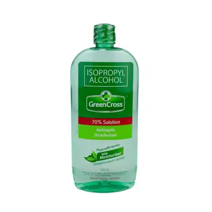 Alcohol-based hand sanitizer with 70% Isopropyl Alcohol, Green Cross brand, antibacterial disinfectant.