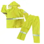 Reflective safety rain suit set for outdoor workers, waterproof yellow jacket and pants, high visibility rain gear, ideal for construction, roadwork, and emergency services.