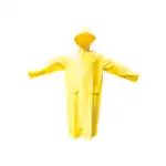 Yellow raincoat with hood and long sleeves, waterproof garment for outdoor protection.
