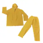 Protective yellow waterproof rain suit for hygiene and safety in industrial and cleaning environments.