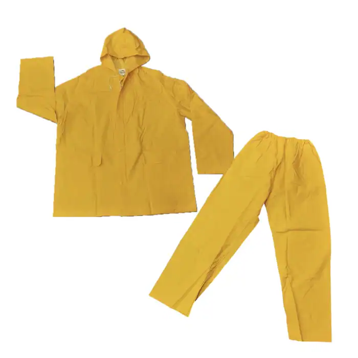 Protective yellow waterproof rain suit for hygiene and safety in industrial and cleaning environments.