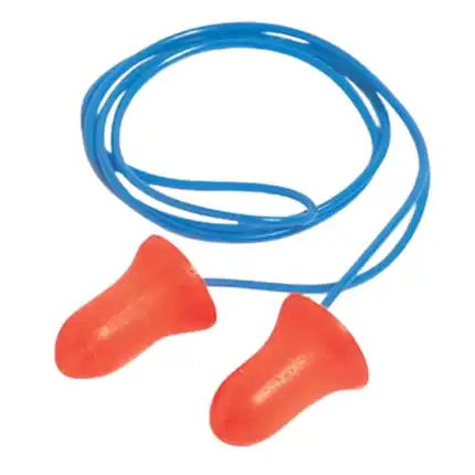 Blue earplug noise reduction hearing protection with orange ear tips for sound isolation and safety, suitable for industrial, travel, or sleep use.