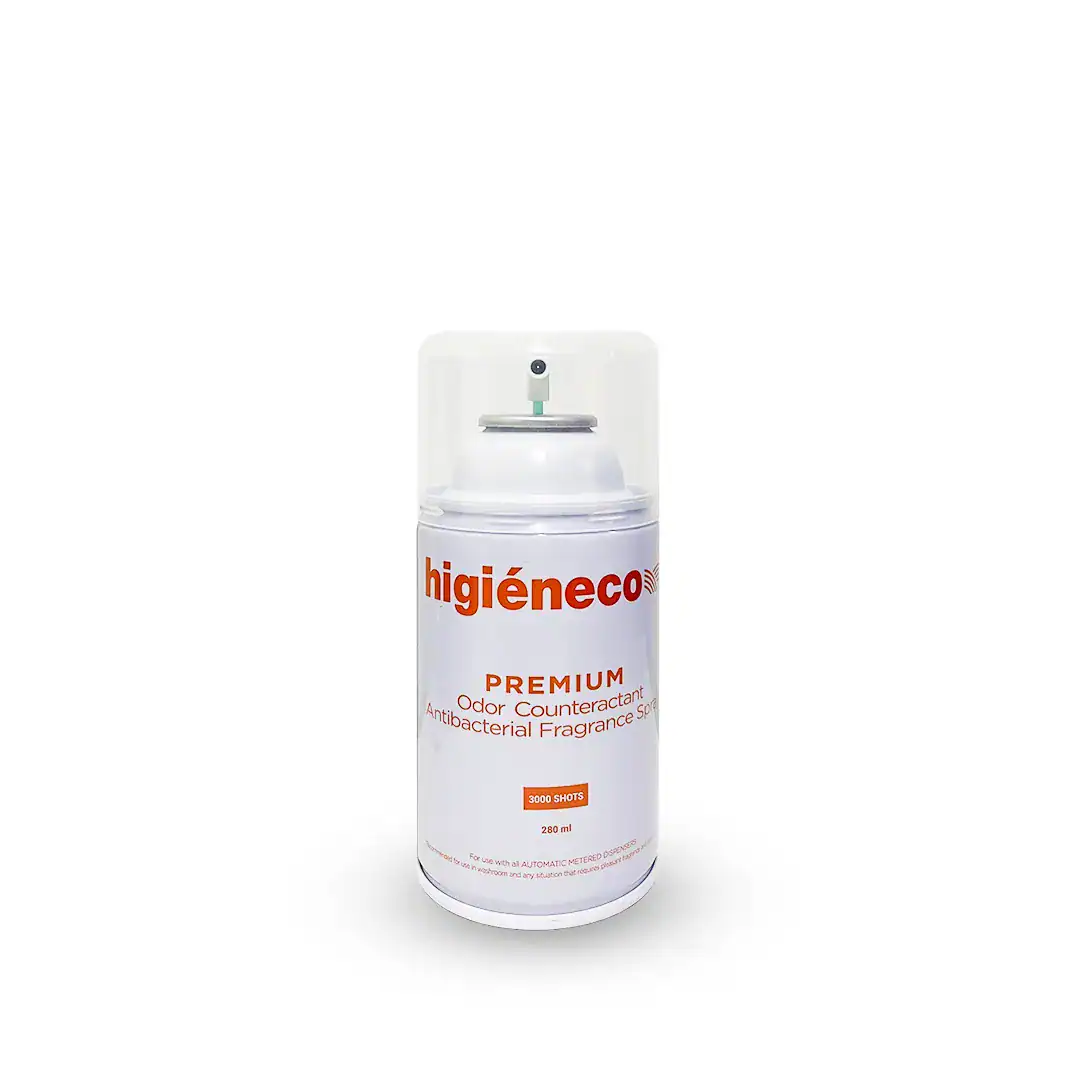 Higieneco-Premium-Odor-Counteractant-Ant Hygieneco odor counteractant antibacterial fragrance spray in a white aerosol can for hygiene and odor control.