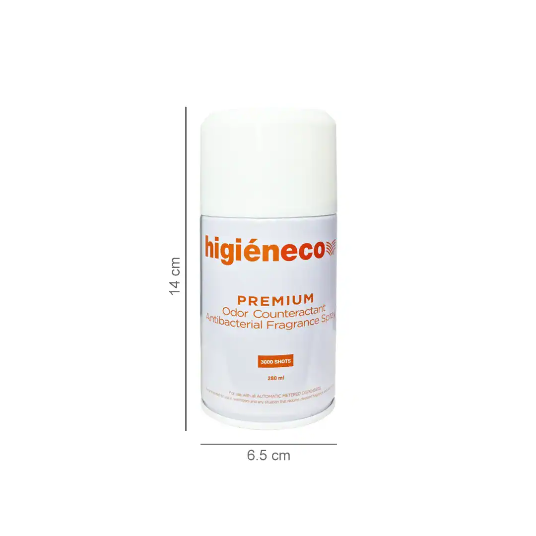 Higieneco-premium-antibacterial-spray-di Hygiene aerosol deodorant spray bottle with antibacterial and odor counteracting properties, ideal for maintaining hygiene in commercial and hospitality environments.
