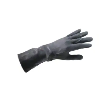 Black rubber cleaning glove for industrial or household use, durable and waterproof. Perfect for hygiene and sanitation tasks requiring protection. Suitable for various cleaning applications.
