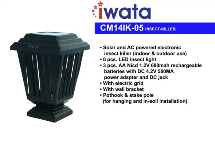 Iwata CM14IK-05 insect killer, solar and AC powered electronic insect trap with LED lights, rechargeable batteries, wall bracket, pothook & stake pole for indoor & outdoor use.