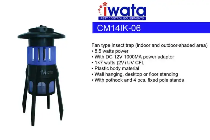 IWata insect trap pest control equipment for indoor and outdoor use, energy-efficient with UV CFL light, featuring wall mounting options, portable design with fixed pole stands, ideal for hygiene environments.