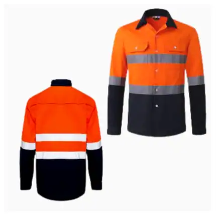 High-visibility safety work shirt with reflective stripes for construction and industrial workers. Durable orange and black fabric enhances safety and visibility. Perfect for compliance with workplace safety standards.