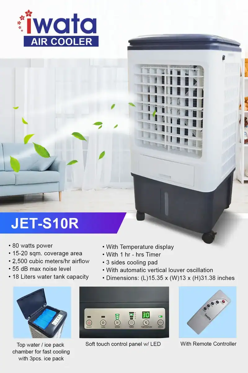 Iwata JET-S10R Eco-friendly portable air cooler with adjustable temperature display, timer, and multi-side cooling pads for efficient, silent cooling suitable for home or office spaces.