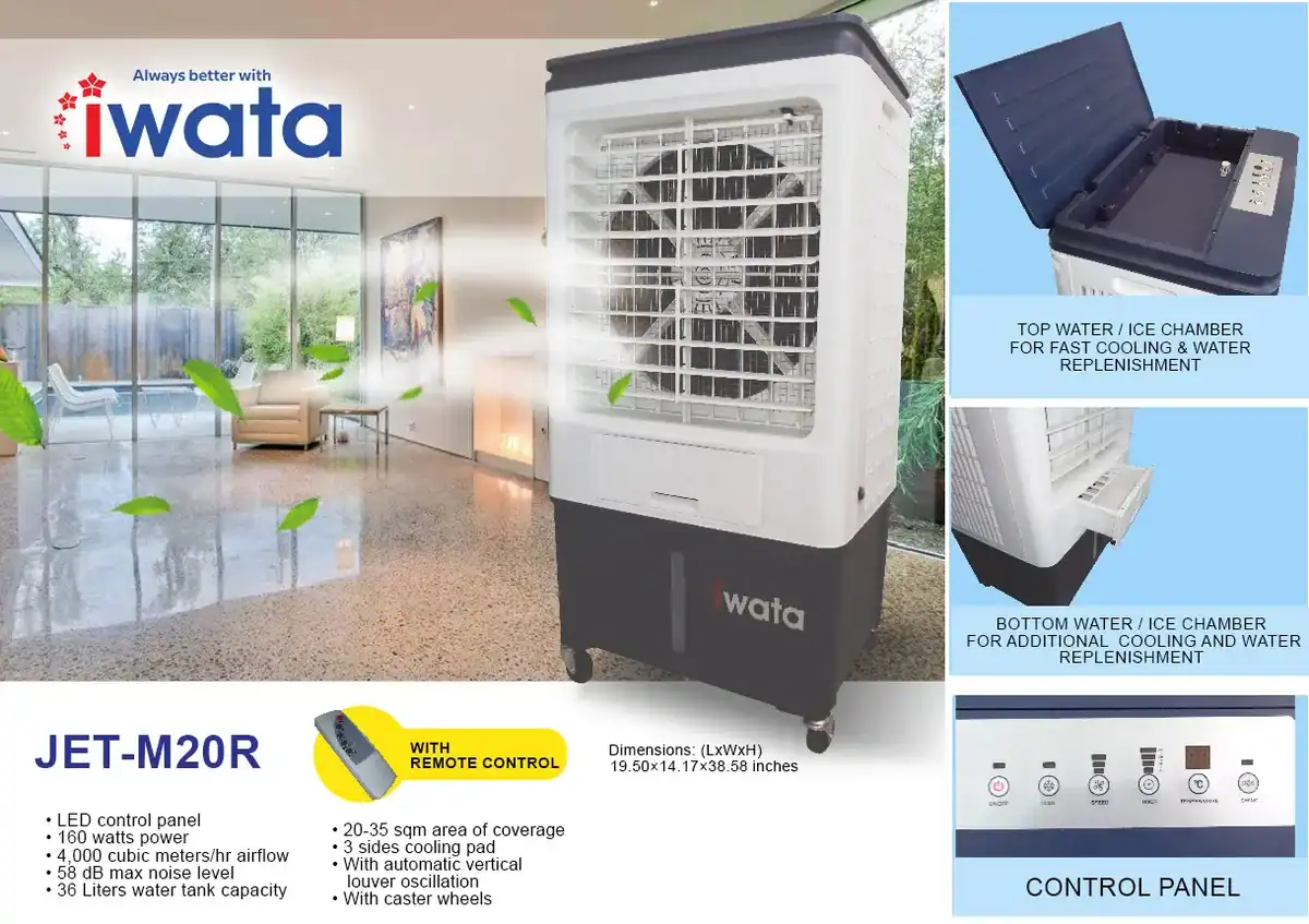 Iwata JET-M20R Outdoor portable air cooler for office and home, featuring LED control panel, remote control, and high-capacity water tank, ideal for fast cooling and water re replenishment.