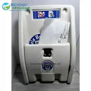 Kiddie child protection seat in a public restroom for safe bathroom use by children, featuring a durable plastic design with safety stickers, providing hygiene and safety for young children.