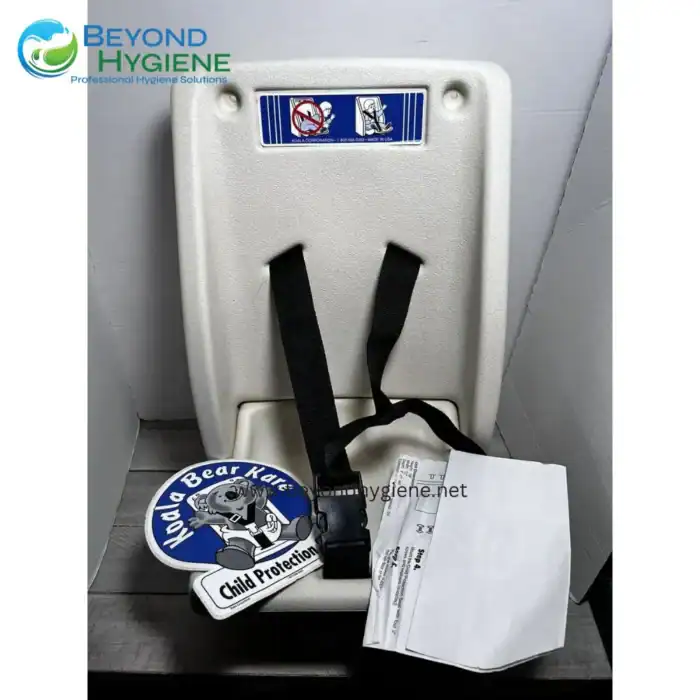 Child safety seat with harness, child protection tag, used in public spaces, for child safety and security in transportation, secondhand item from Beyond Hygiene Asia.