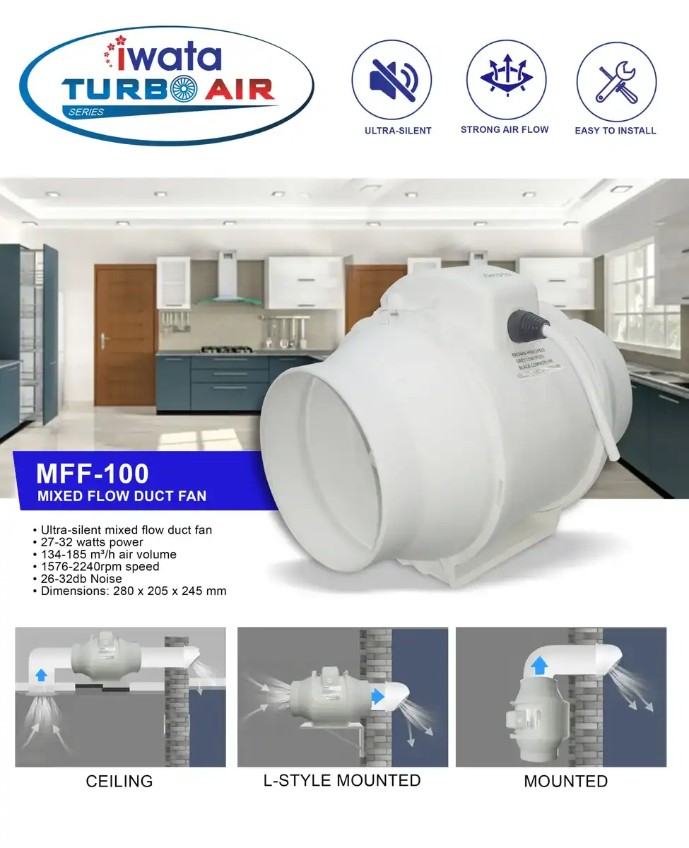 MFF-100-1 Air ventilation system for commercial kitchens featuring ultra-silent mixed flow duct fan with strong airflow and easy installation.