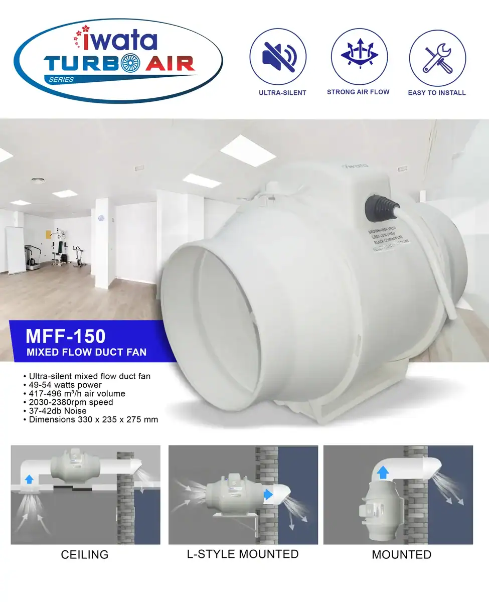 MFF-150-1 High-efficiency mixed flow duct fan MFF-150 with ultra-silent operation, easy installation options, and strong airflow suitable for commercial and industrial ventilation systems in Asia.