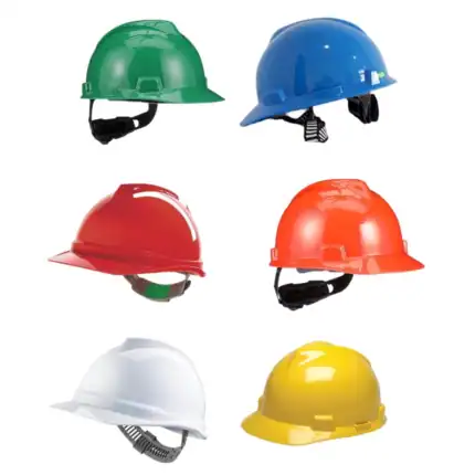 Green, blue, red, orange, white, and yellow safety helmets for construction safety and hygiene standards at Beyond Hygiene Asia.