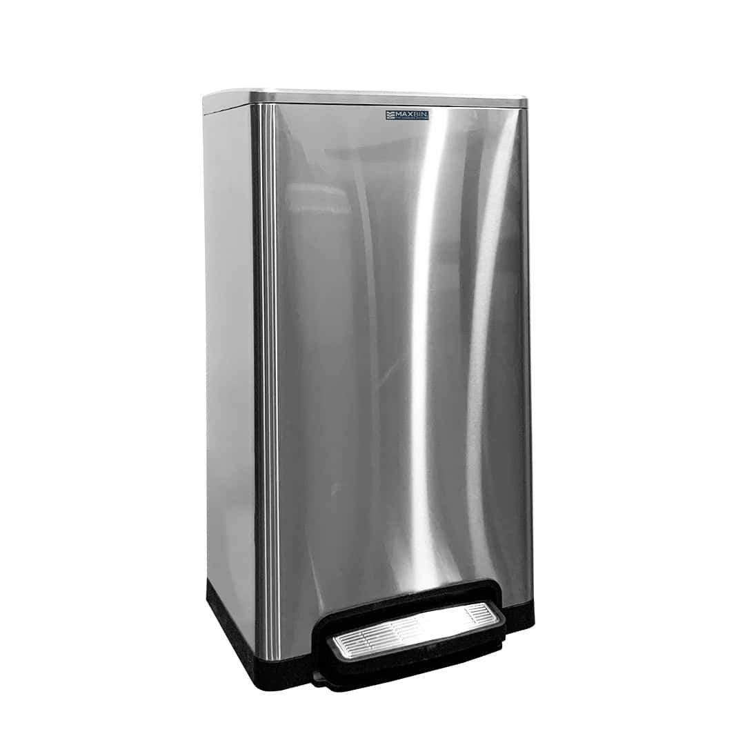MaxBin-50L-Stainless-Square-Step-Bin-Angled.jpg MaxBin 50L Stainless Steel Square Step Bin | Trash Can with Cover | Foot Pedal Trash Bin | 50 Liters