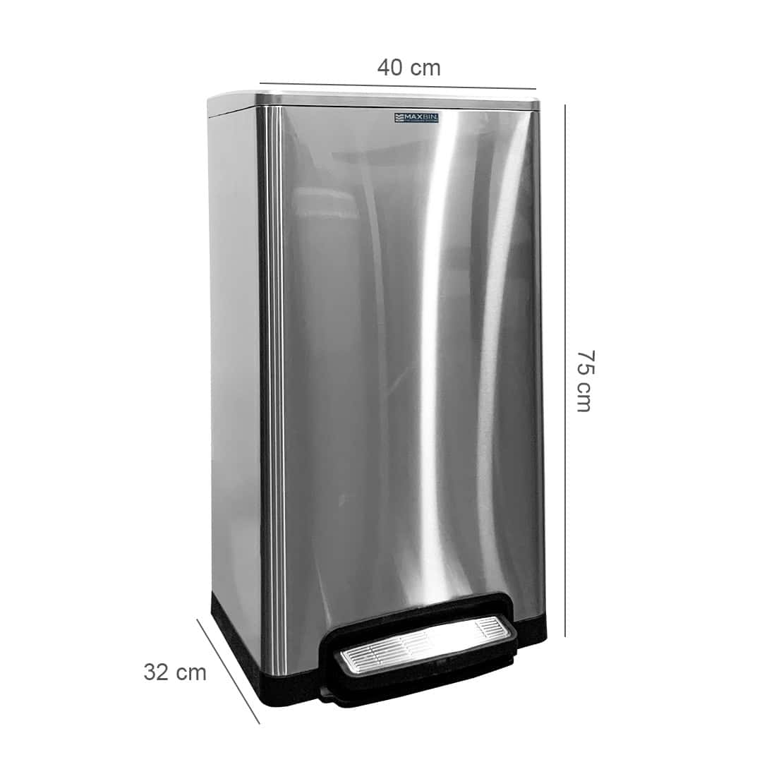MaxBin-50L-Stainless-Square-Step-Bin-Dimensions.jpg MaxBin 50L Stainless Steel Square Step Bin | Trash Can with Cover | Foot Pedal Trash Bin | 50 Liters