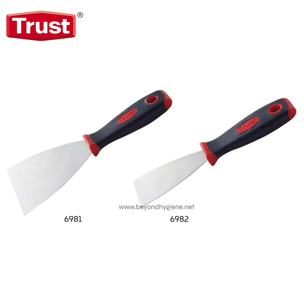Metal Scraper Steel spatulas for bakery and kitchen use with black and red ergonomic handles, ideal for precise food preparation and professional baking.