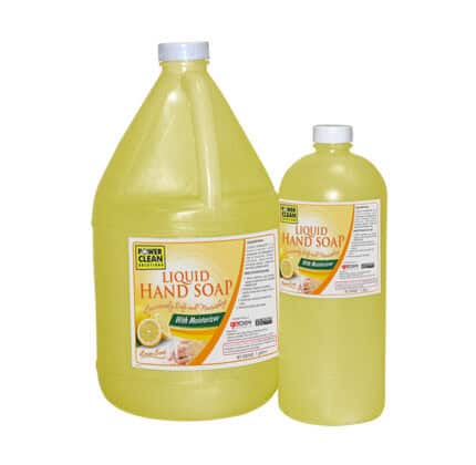 Liquid hand soap bottles with lemon scent and moisturizer, ideal for commercial hygiene applications. Perfect for maintaining cleanliness and skin health in busy environments.