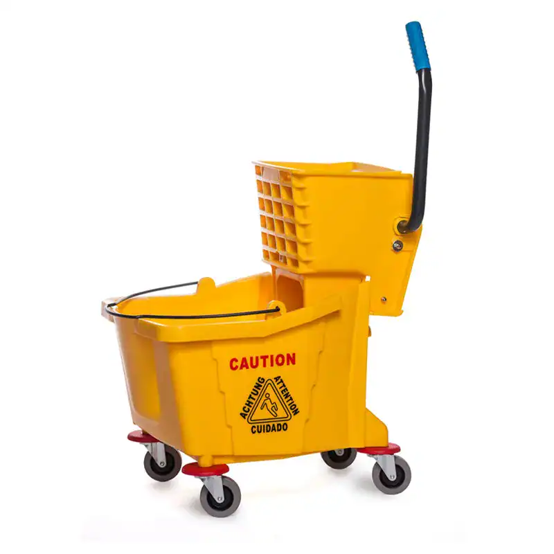 Moptrolley Yellow commercial janitorial mop bucket with wringer, mobile cleaning equipment for professional hygiene services.