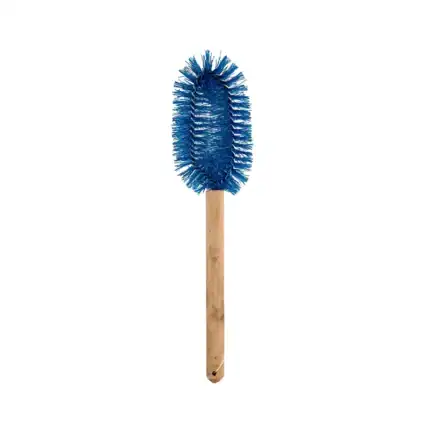 Blue cleaning brush with wooden handle for sanitation and hygiene cleaning tools.