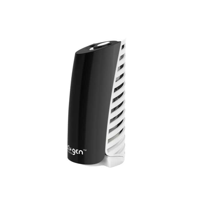Compact black and white air purifier with sleek design, perfect for enhancing hygiene and air quality in Asian households and commercial spaces.
