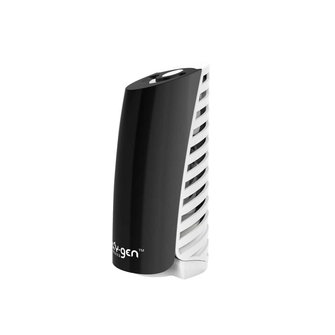 Oxy-Gen-Non-Aerosol-Air-Freshener-Dispenser-Black-Angled.jpg Compact black and white air purifier with sleek design, perfect for enhancing hygiene and air quality in Asian households and commercial spaces.