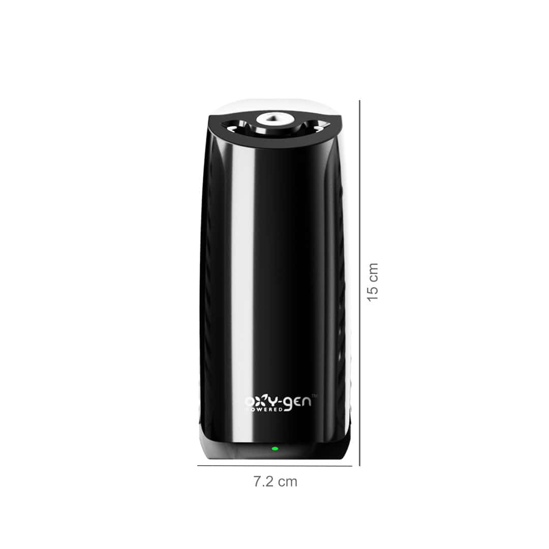 Oxy-gen-Non-Aerosol-Air-Freshener-Dispenser-Dimensions.jpg Rechargeable black handheld UV sterilizer with adjustable settings, compact design, and portable size for effective hygiene and sanitization on the go.