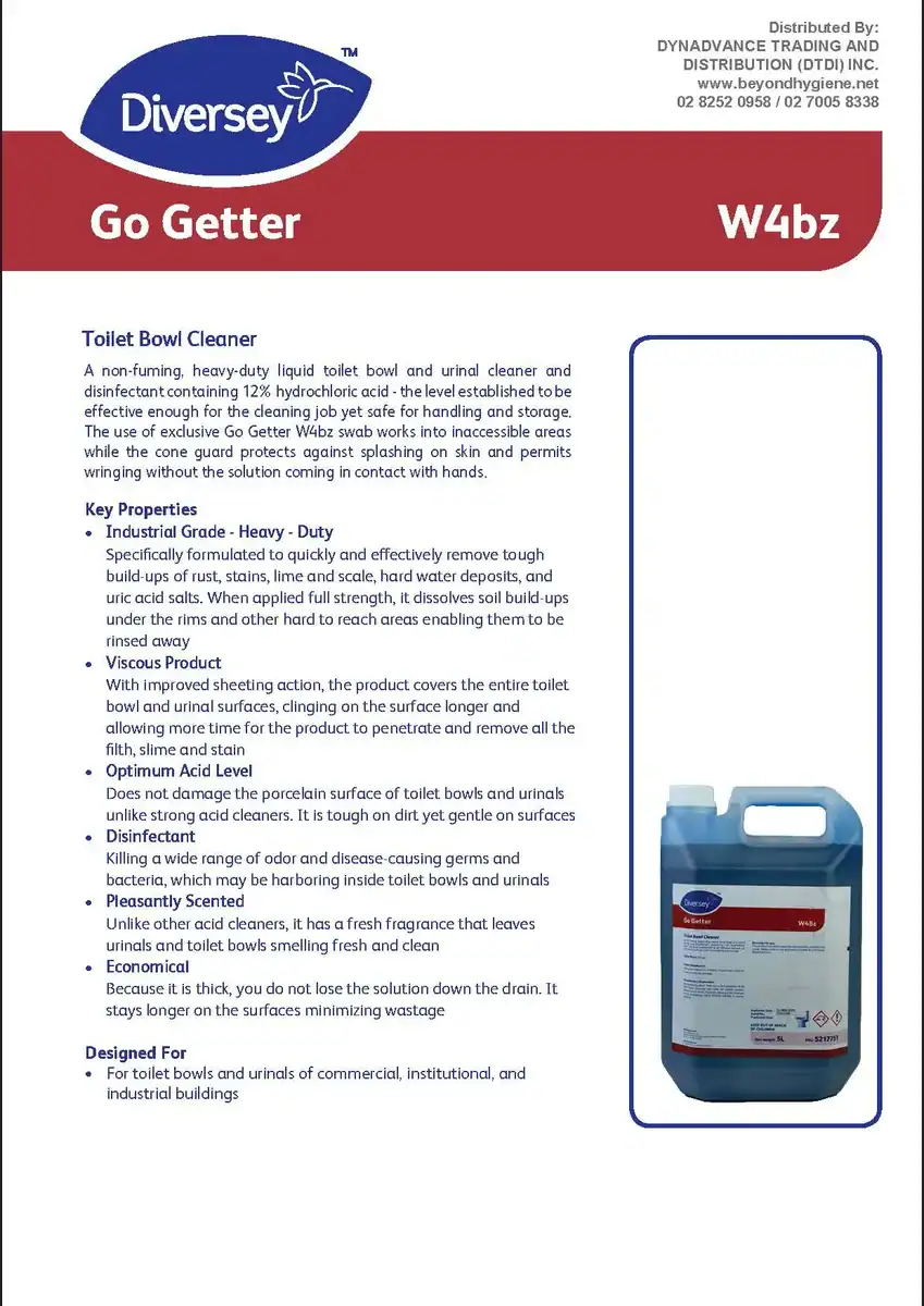 PIS_Go Getter W4bz_Page_1 Advanced toilet bowl cleaner for industrial use, kills germs, dissolves build-ups, and leaves a fresh scent. Ideal for commercial and institutional toilet maintenance, ensuring hygiene and cleanliness.