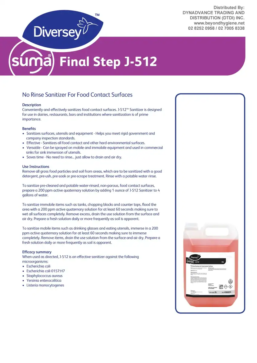 PIS_Suma Final Step J512_Page_1 Sanitizer for food contact surfaces, effective for food industry sanitation, non-rinse, quick-drying disinfectant from Beyond Hygiene Asia.