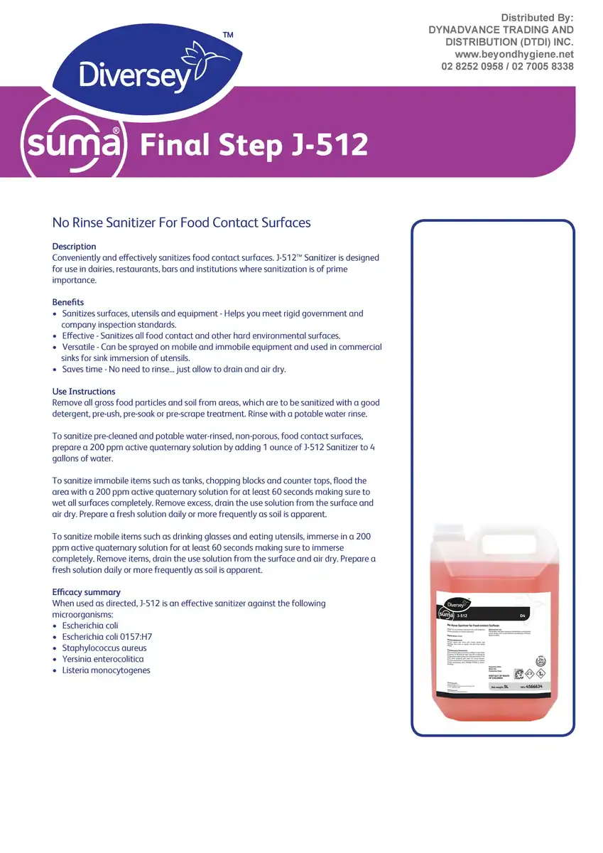 Diversey Suma J-512 No Rinse Sanitizer for Food Contact Surfaces 5L Product information sheet