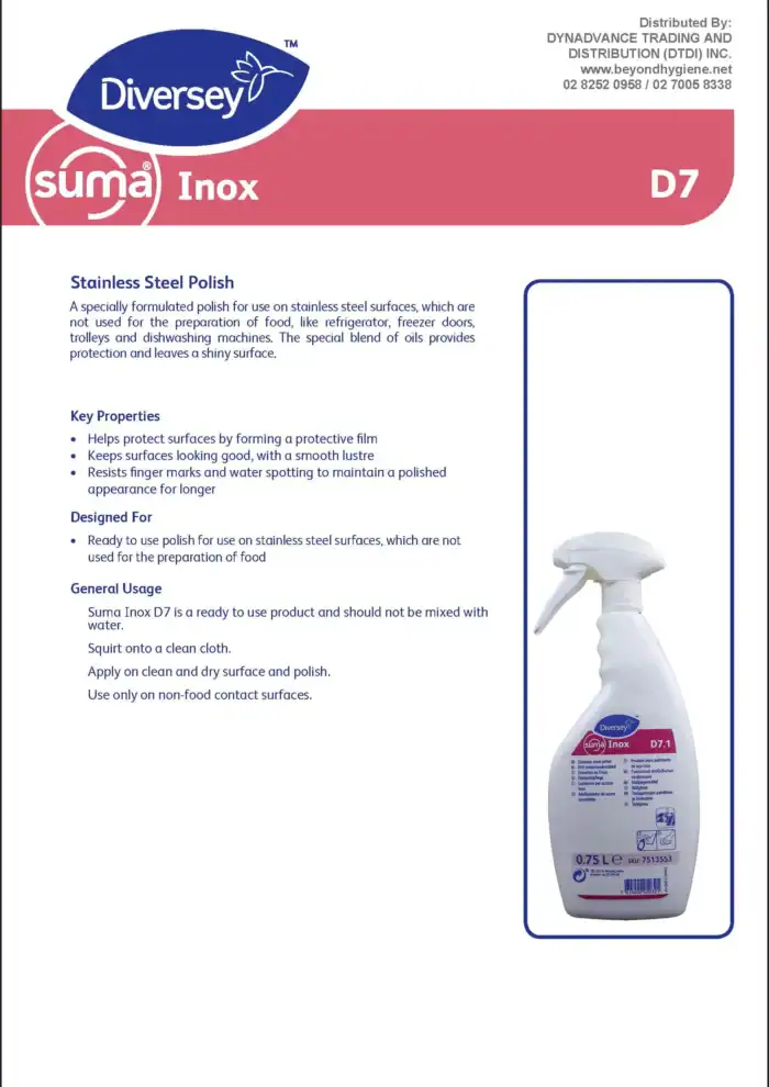 High-quality stainless steel polish spray by Beyond Hygiene Asia, ideal for non-food contact stainless steel surfaces, enhancing shine, protection, and durability. Suitable for commercial and industrial cleaning applications.