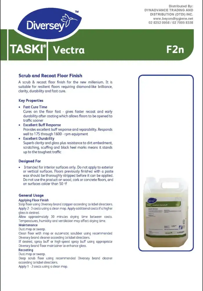 Diversey TASKI Vectra F2n scrub and recoat floor finish for resilient, high-traffic floors, offering quick curing, durability, and excellent buff response to maintain cleanliness and shine.