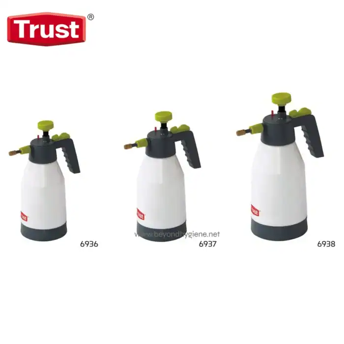 Spray bottle with black handle and green nozzle, used for cleaning and disinfection, featured by Beyond Hygiene Asia.