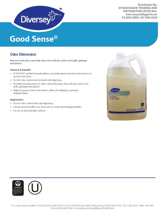Odor eliminator for hygiene and sanitation, suitable for healthcare, food service, retail, and lodging facilities to remove foul odors and control odor-causing bacteria.