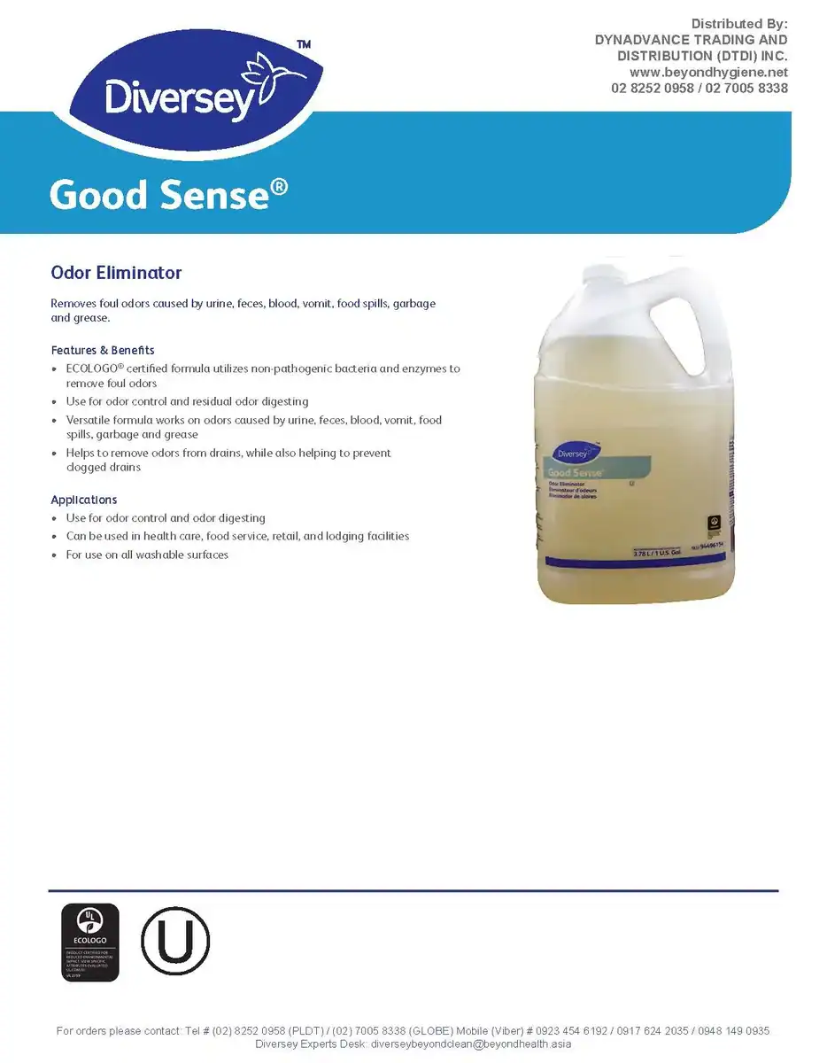 PSS30201-GoodSense-OdorEliminator-LTR-en-HRNC_Page_1 Odor eliminator for hygiene and sanitation, suitable for healthcare, food service, retail, and lodging facilities to remove foul odors and control odor-causing bacteria.