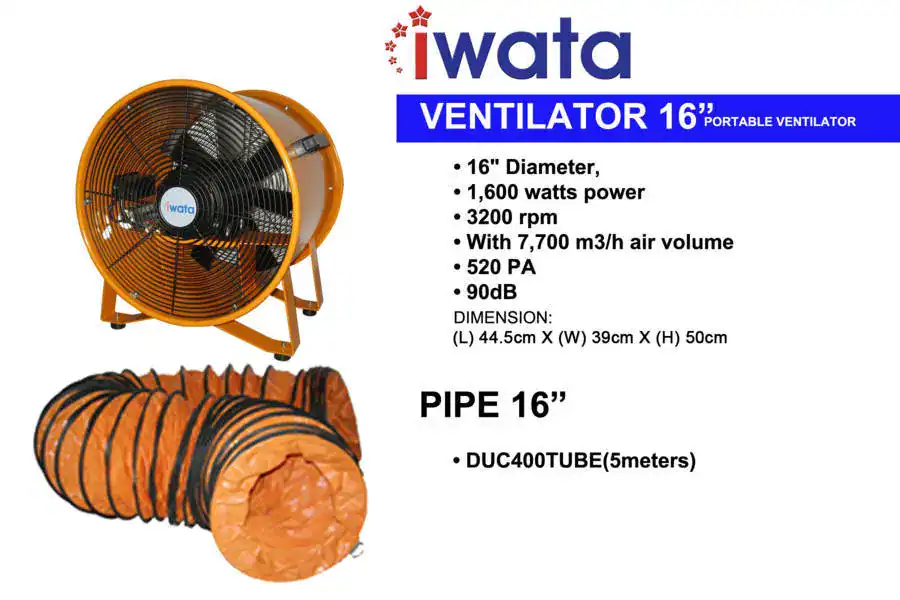 PV-SPECS-VENTILATOR-16-PIP-16DEC2016 Portable orange and black 16-inch Iwata fan with high airflow for industrial or commercial cooling, featuring specifications such as 1600 watts power, 3200 rpm, and 7,700 m3/h air volume.