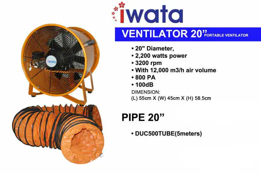 PV-SPECS-VENTILATOR-20-PIP-20DEC2016 Portable 20-inch industrial fan with high airflow, 2200 watts power, and durable construction ideal for ventilation and air circulation in commercial settings.