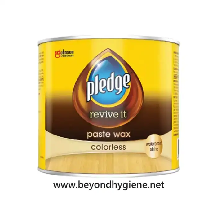Pledge revive it paste wax, colorless, water-proof shine, ideal for furniture cleaning, from Beyond Hygiene Asia.