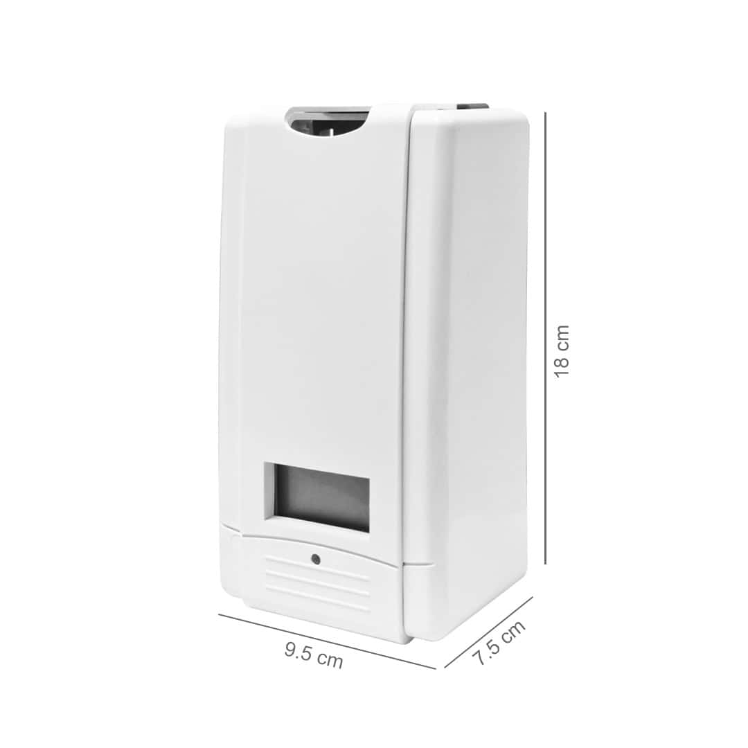 Powerscent-170-Compact-Misting-Machine-Dimension.jpg Dispenser for sanitary or hygiene products, sleek white design, compact size measuring 18 cm x 9.5 cm x 7.5 cm, ideal for automatic soap, sanitizer, or disinfectant dispensing in hygiene-focused spaces.