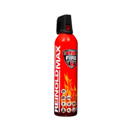 Fire extinguisher spray can with safety icons, safety shield, and flame graphics, emphasizing fire safety and emergency preparedness.