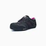 Black and pink children's safety shoe with lace-up design, durable sole, and reinforced toe for robust protection and comfort.