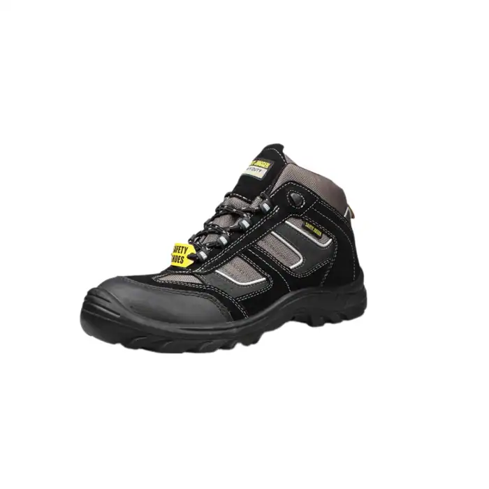 Waterproof safety work boot with slip-resistant sole for industrial and outdoor use. Ideal for construction, manufacturing, and harsh environments requiring durable footwear.