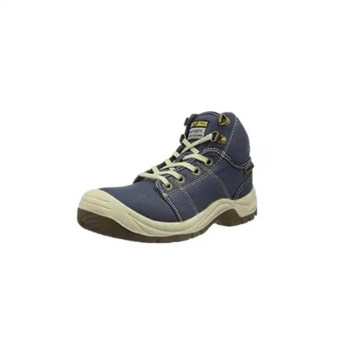 Durable navy blue work boot with reinforced toe, waterproof material, and slip-resistant sole ideal for industrial safety and hygiene environments.