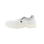 Comfortable white slip-on safety shoe for industrial and healthcare environments, featuring slip-resistant sole and durable materials. Ideal footwear for hygiene and safety compliance.