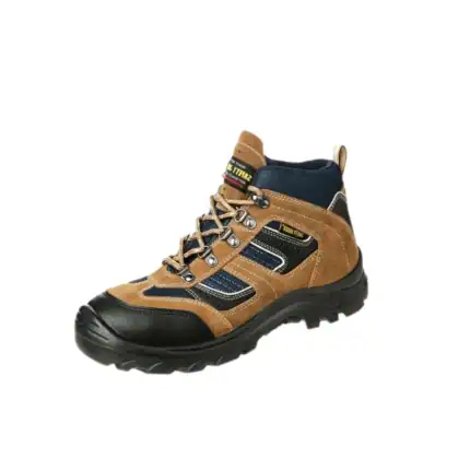 Dark brown and black safety work boot with durable sole and ankle support for industrial or outdoor use.