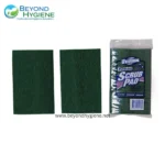 Green scrub pads for cleaning, ideal for commercial and industrial hygiene applications, with packaging from Beyond Hygiene Asia.
