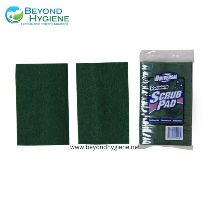 Green scrub pads for cleaning, ideal for commercial and industrial hygiene applications, with packaging from Beyond Hygiene Asia.