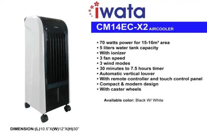 High-efficiency Iwata air cooler with 70W power, 5-liter water tank, ionizer, 3 fan speeds, remote control, and caster wheels, ideal for hygienic cooling solutions in Asian markets.